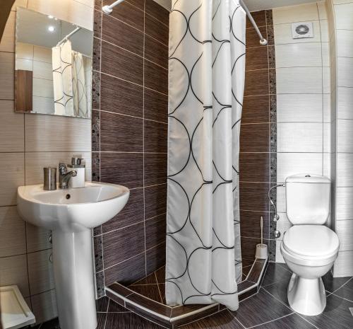 a bathroom with a toilet and a sink at Hestia Apartments in Berovo
