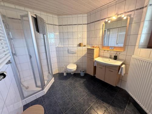 a bathroom with a sink and a toilet and a shower at Ferienwohnung Ott in Weißenburg in Bayern