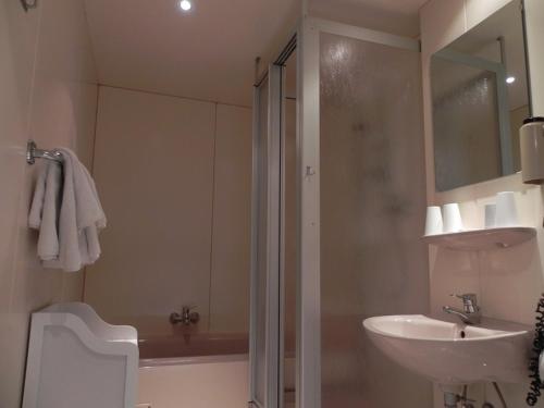 a bathroom with a shower and a sink and a toilet at Landhotel Osterlamm in Grünhain