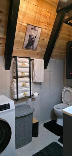 a bathroom with a toilet and towels on a wall at Cottage MATEJ in Podgorica