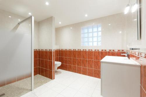 a bathroom with a toilet and a sink and a shower at Appartements - Chez Alice in Salies-de-Béarn