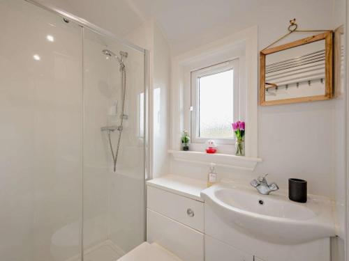 a white bathroom with a sink and a shower at 1 Bed in Dalry oc-91417 in Dalry