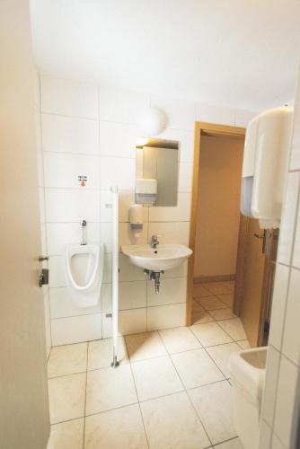 a bathroom with a sink and a urinal and a toilet at Tamar Mountain hut in Rateče