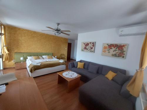 a living room with a bed and a couch at Penzión Villa Agnes in Smolenice