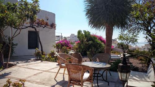 eine Terrasse mit einem Tisch, Stühlen und einer Palme in der Unterkunft Cortijo el Grillo in Níjar