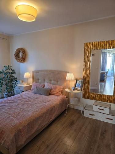 a bedroom with a large bed and a mirror at Family Home FeWo de lux Świnoujście in Świnoujście
