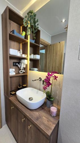 a bathroom with a white sink and a mirror at Sea Nest in Šušanj