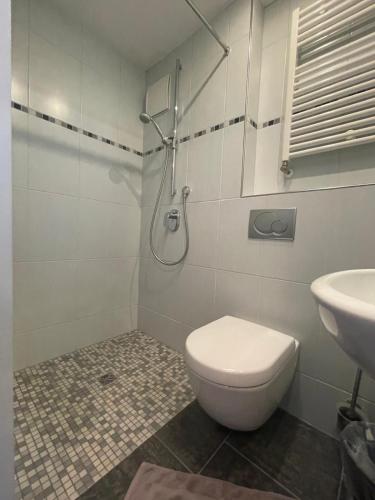 a bathroom with a shower and a toilet and a sink at Hotel Garni Pension Ruth in Mutterstadt
