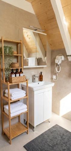 a kitchen with a sink and a shelf with towels at Panorama Pool Hills in Ledinci