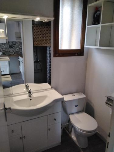 a bathroom with a white sink and a toilet at CHALET A NATURISTE Le TIKI in Le Porge