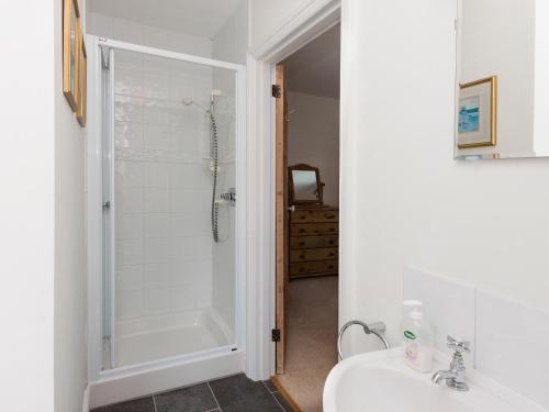 a bathroom with a shower and a sink at Berrystead Upper Flat in Salcombe