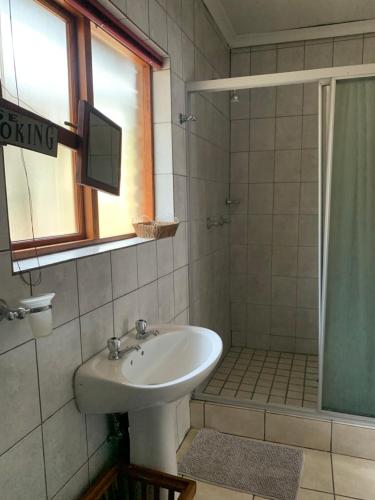 a bathroom with a sink and a shower with a window at Lens BnB Guesthouse in Benoni