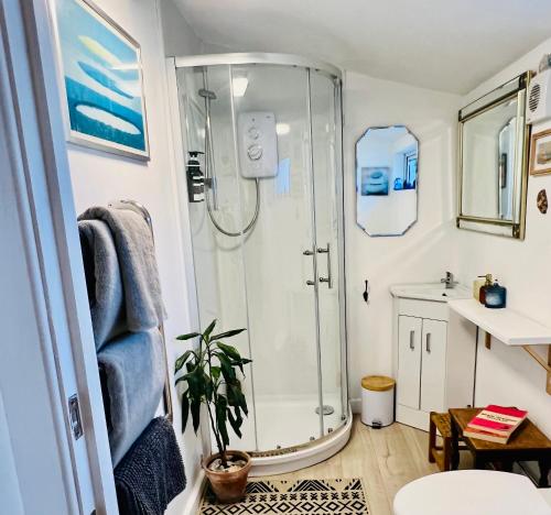 a bathroom with a shower and a sink at Lily s Pad - Private retreat in Lymington, New Forest in Lymington