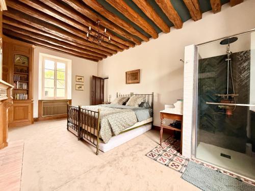 a bedroom with a bed and a shower at Former riverside rectory in Nanteau-sur-Lunain