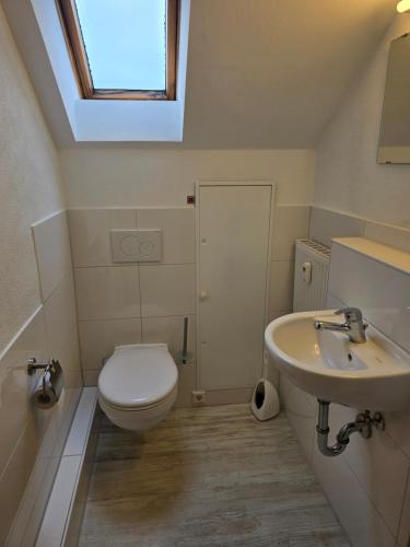 ein Badezimmer mit Toilette und Waschbecken in der Unterkunft AlbFreizeit in Göppingen