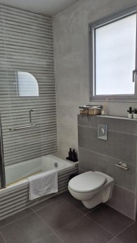 a bathroom with a toilet and a tub and a window at דירת נופש נווה ים in Kefar HaNo‘ar Niẕẕanim