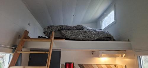 ein Schlafzimmer mit Etagenbett in einem Tiny House in der Unterkunft Tiny bleu in Naujac-sur-Mer