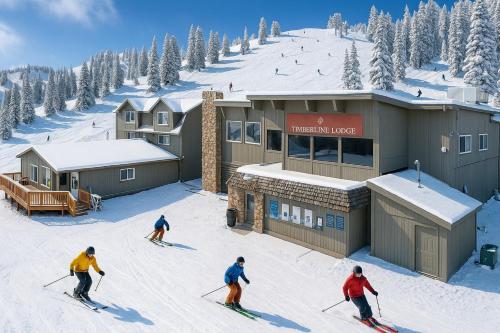 a group of people skiing in front of a ski lodge at Powder Peak Hideaway WL203 Ski Escape Hot Tub in Eden