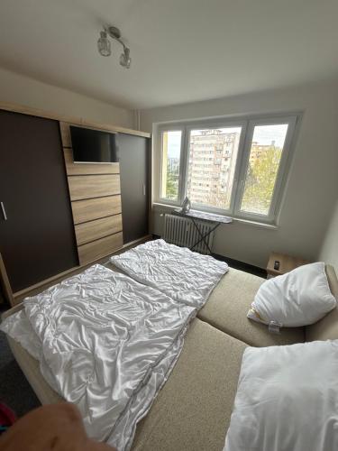 a bedroom with two beds and two windows at Apartment Centrum in Lučenec