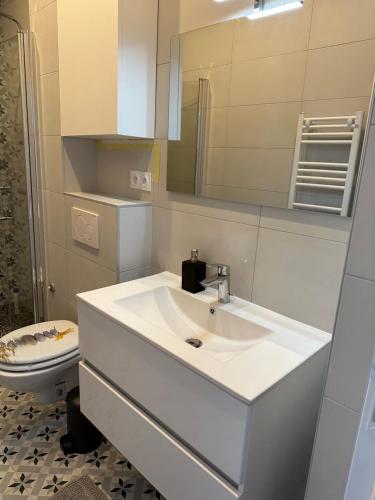 a bathroom with a white sink and a toilet at Dream House Paris 5 chambres proche M7et M14 in Villejuif