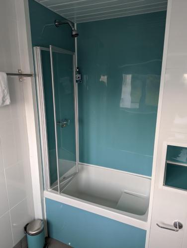 a shower with a glass door in a bathroom at Mayfair Hotel -Isle of Wight in Shanklin
