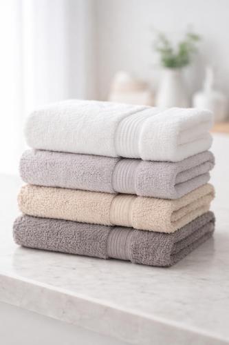 a stack of towels sitting on a counter at Landgoed Rotermundt in Huijbergen