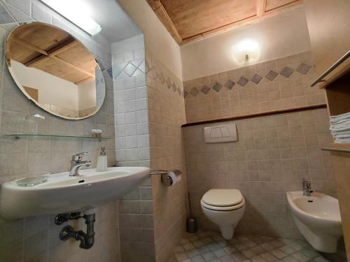 a bathroom with a sink and a toilet and a mirror at B&B Ploncher in Chiavenna