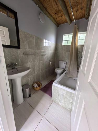 a bathroom with a tub and a toilet and a sink at Frangipani guesthouse in Hartbeespoort