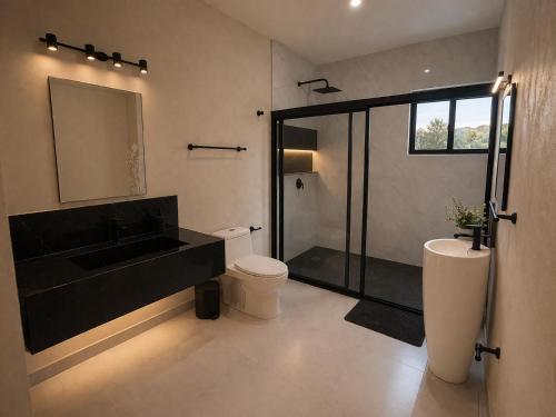 a bathroom with a sink and a toilet and a shower at CISNE Luxury House in Xetna