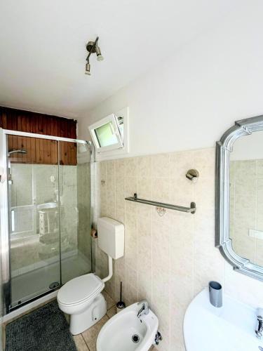 a bathroom with a toilet and a shower and a sink at Terrazza in Manarola