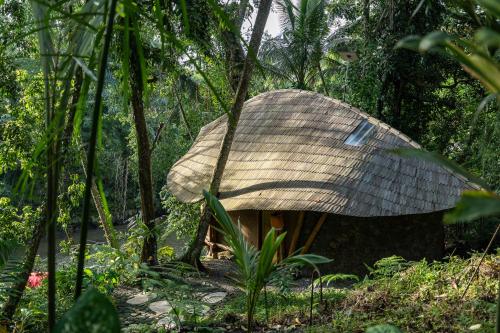 a small hut in the middle of a forest at Bamboo Turtles Ecolodge in Ubud