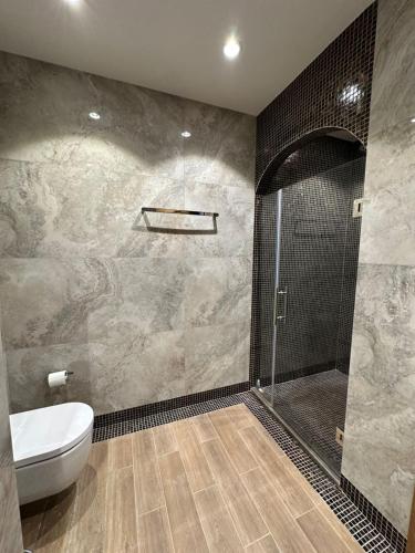 a bathroom with a toilet and a shower at Tatilçi Baba in Mekhrably
