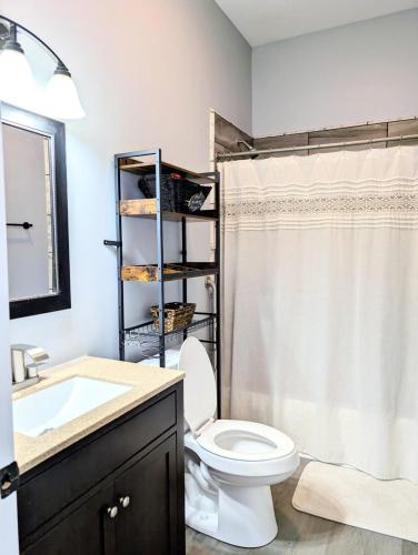 a bathroom with a toilet and a sink and a shower at New 2 BR Unit in Prime Location (103) in Maryville