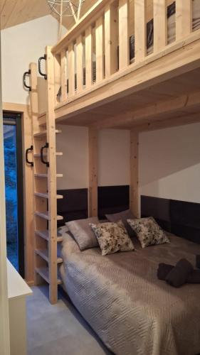 a bedroom with a bunk bed with a ladder at Slow Lake House Koszarka in Gródek Nad Dunajcem