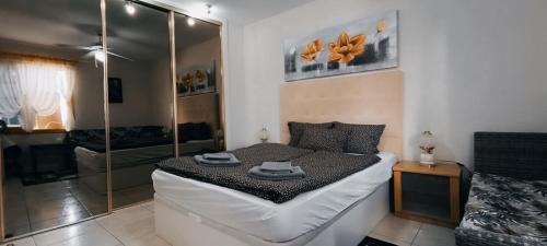 a small bedroom with a bed and a shower at Apartmán Vlasta in Arona