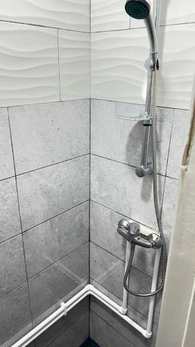 a shower with a shower head in a bathroom at "Augustina" apartment in Topliţa