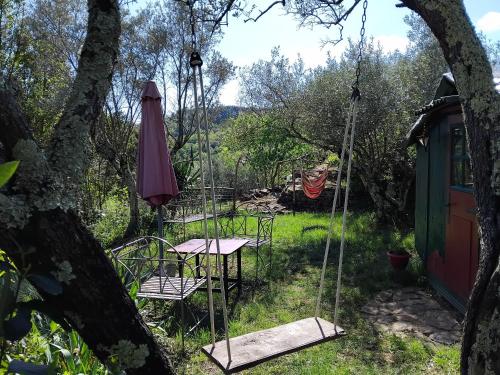 a swing in a garden with a table and chairs at Cabane sous les oliviers in Saint-Ambroix