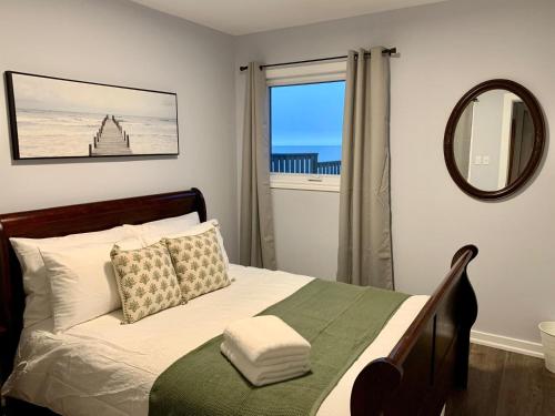a bedroom with a bed with a mirror and a window at Casa Azul- Entire Lakefront Cottage with Hot Tub in Leamington