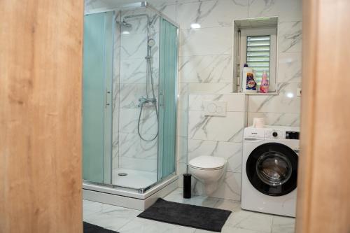 a bathroom with a shower and a washing machine at Edi Residence in Oplotnica