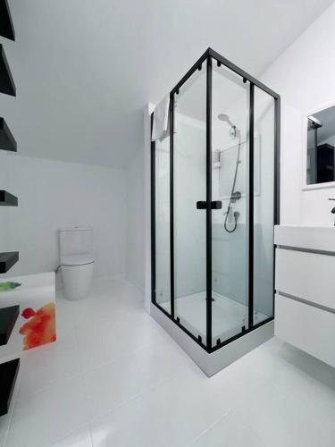 a glass shower in a white bathroom with a sink at Cabanas da Auga in Ures