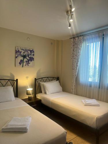 a hotel room with two beds and a window at Villa Elli in Limenas