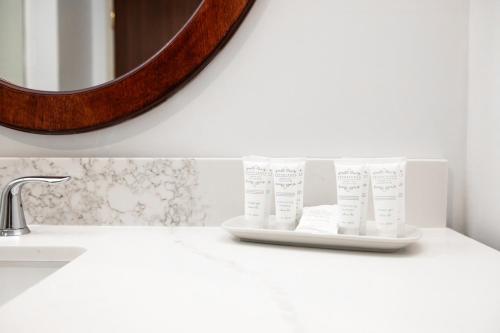 a bathroom sink with two rolls of toilet paper on a shelf at The Fredericton Inn in Fredericton