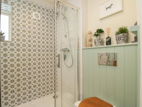 a bathroom with a shower and a toilet at The Little Loft in Burford