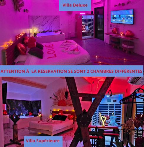 two pictures of a room with pink lighting at Maisons Plaisir & Pulsion Spa Sauna Privé in Allauch