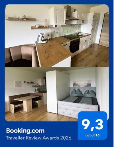 two pictures of a kitchen and a room at Seestern Strobl in Strobl