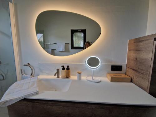 a bathroom with a white sink and a mirror at Casa René in Aalter