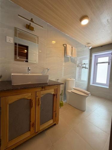 a bathroom with a sink and a toilet at Hotel Sheryang in Namche