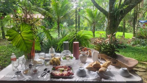 a table with food on it in a garden at Ecos Jatobá - Refúgio à 12 km do Santuário de Aparecida in Guaratinguetá