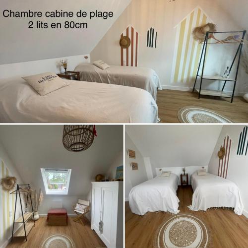 two pictures of a bedroom with two beds at Ty Glazu Doelan espace 60m2, Port& criques à pied, 2 chambres privées au 1er étage, SDB, WC séparé in Clohars-Carnoët