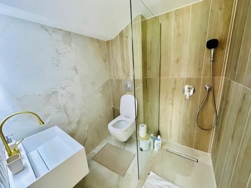 a bathroom with a toilet and a glass shower at NOAH ponton in Orşova